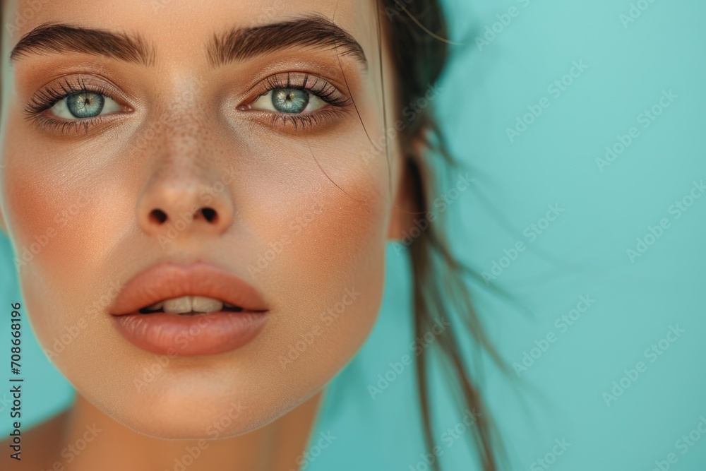 Poster A close-up view of a woman's face with freckles. This image can be used to portray natural beauty and individuality