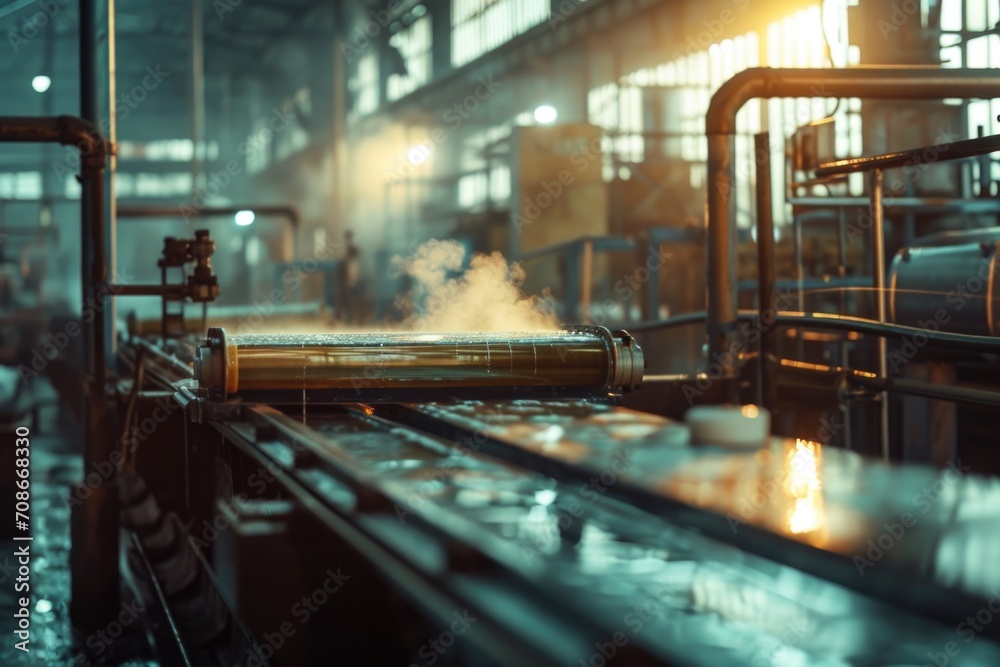 Poster a bustling factory filled with numerous machines and billowing smoke. this image can be used to depi