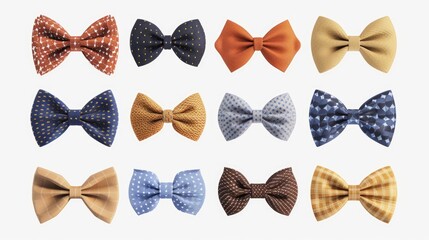 A variety of different colored bow ties arranged neatly on a white background. Perfect for fashion, formal events, and accessories. - obrazy, fototapety, plakaty