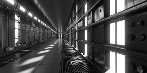 A black and white photo capturing a long hallway. This image can be used to depict mystery, suspense, or as a symbol of a journey.