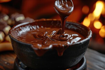 A bowl of melted chocolate with a spoon, perfect for baking and dessert recipes