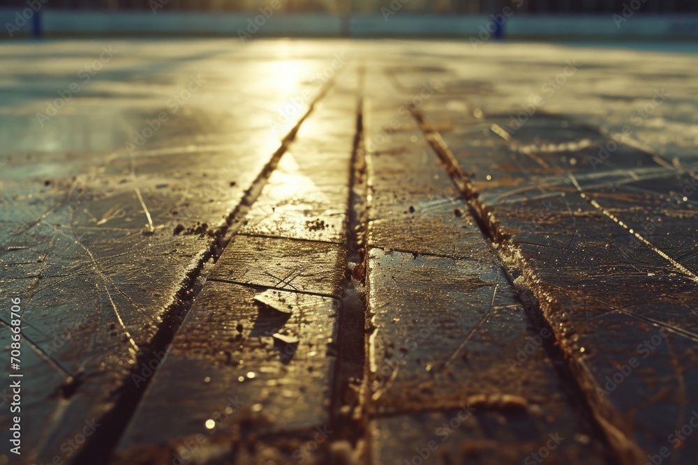 Poster a detailed close-up of a wet sidewalk with a bench in the background. suitable for various outdoor-t