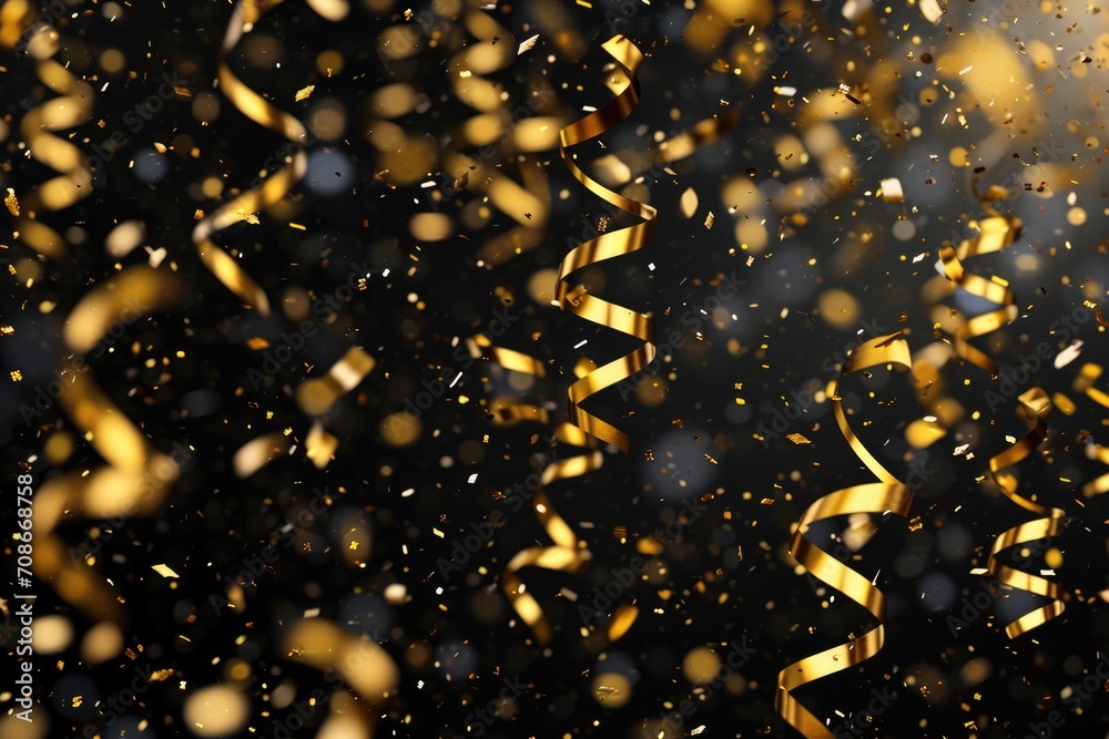 Poster a stunning image of a bunch of gold confetti on a black background. perfect for adding a touch of el