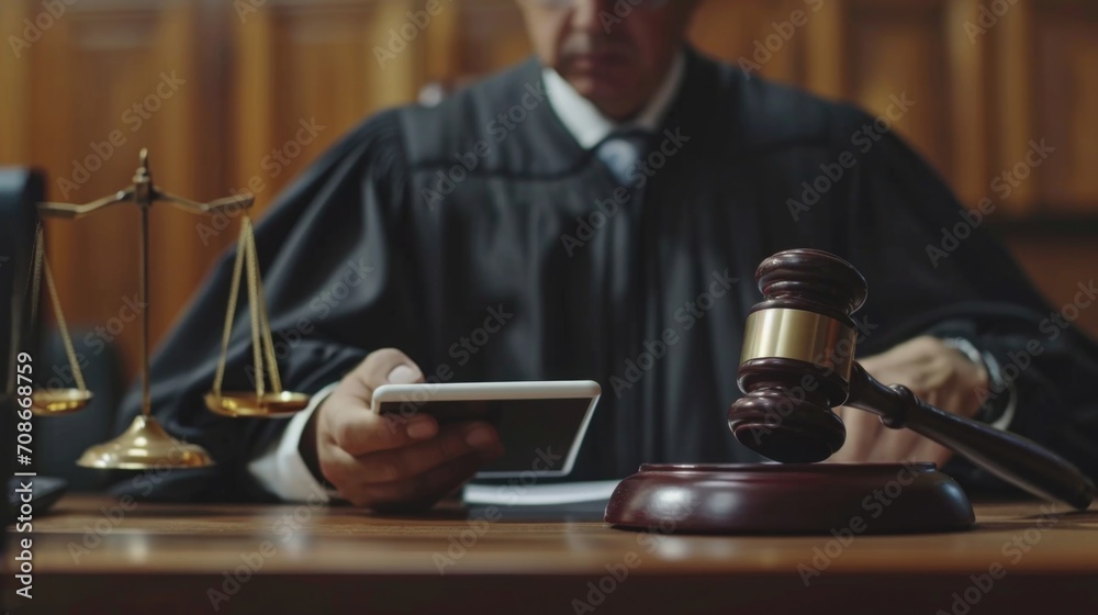 Poster a judge using a cell phone in a courtroom. can be used to depict modern technology in legal proceedi