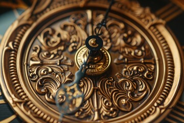 A detailed close-up of a gold clock face. Perfect for time-related concepts and designs