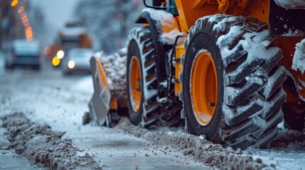 A snow plow driving down a snow covered street. Ideal for winter maintenance and snow removal concepts - obrazy, fototapety, plakaty