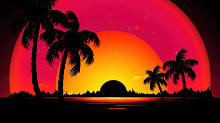 Beautiful tropical sunset with palms and beach in neon colors, art deco