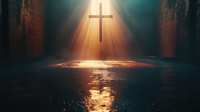 A cross placed in the center of a dimly lit room. Suitable for religious themes and symbolism