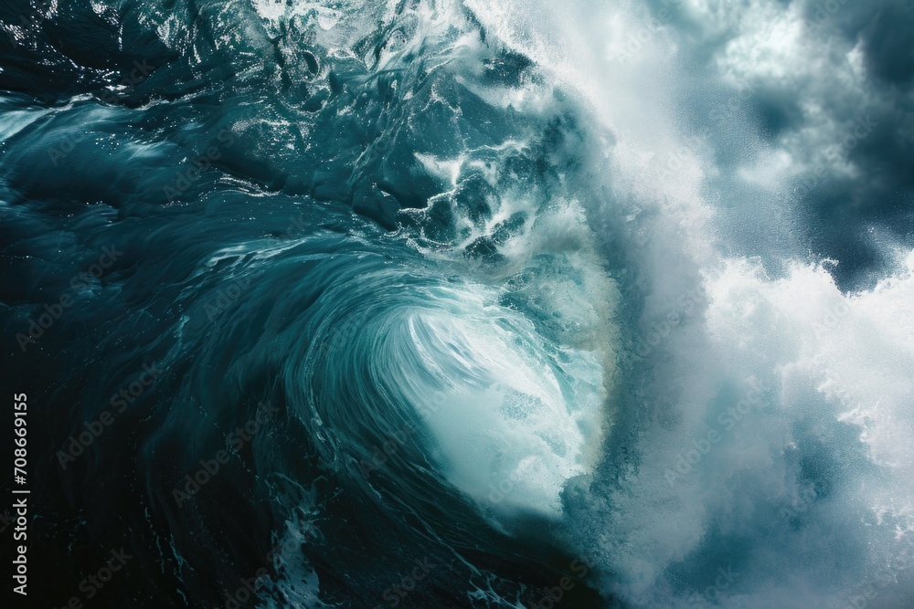 Poster a powerful and majestic wave crashing in the vast ocean. perfect for capturing the beauty and streng