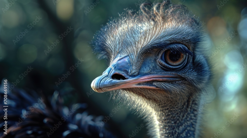 Poster a close-up view of an ostrich's head with a blurry background. suitable for various uses