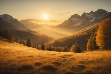 A majestic mountain range, bathed in the warm hues of a setting sun, with natural lights dancing across the landscape.