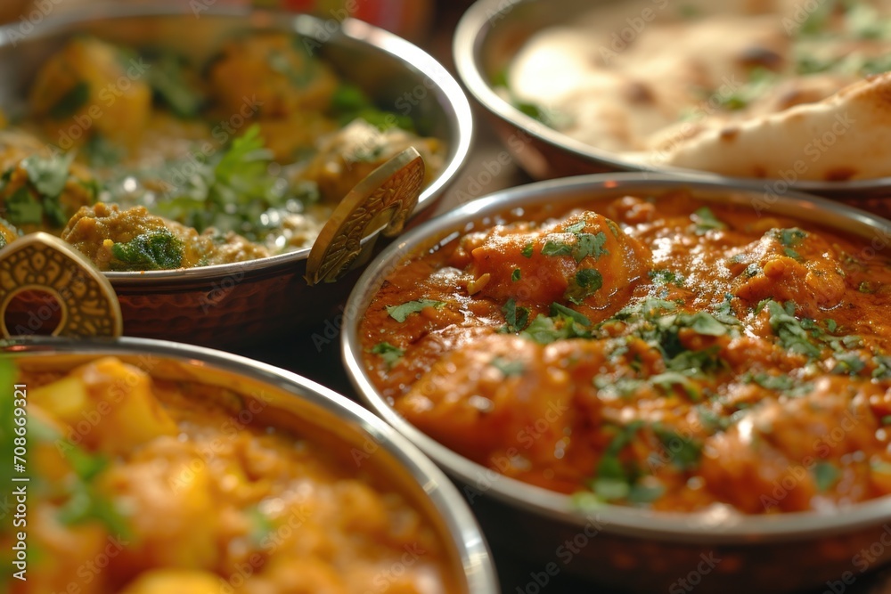 Poster a close-up view of bowls filled with delicious food on a table. perfect for food-related projects an