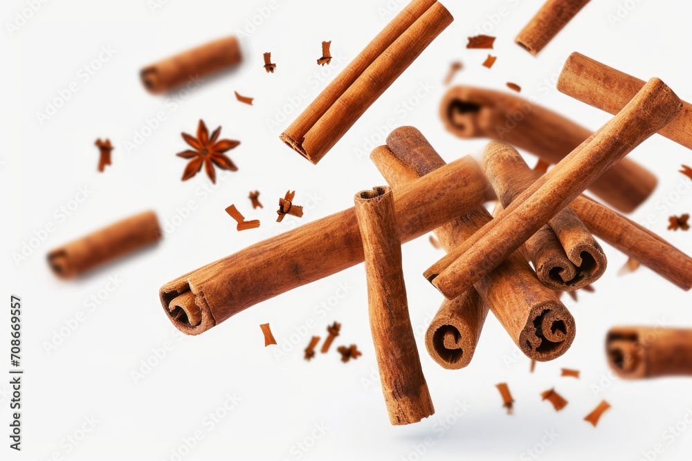 Poster a pile of cinnamon sticks and star anise on a white surface. can be used for cooking and food-relate