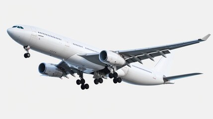 A picture of a large jetliner flying through a white sky. Suitable for travel and aviation themes