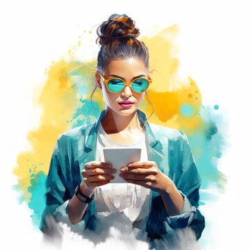 a digital watercolor image of a modern woman drinking coffee in Miami and working at her computer She's ambitious and plans to seize the day. Should be bright and include bright shades of turquoise, 