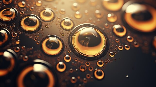 3d illustration of abstract golden background with water droplets and bubbles. Ai generative.
