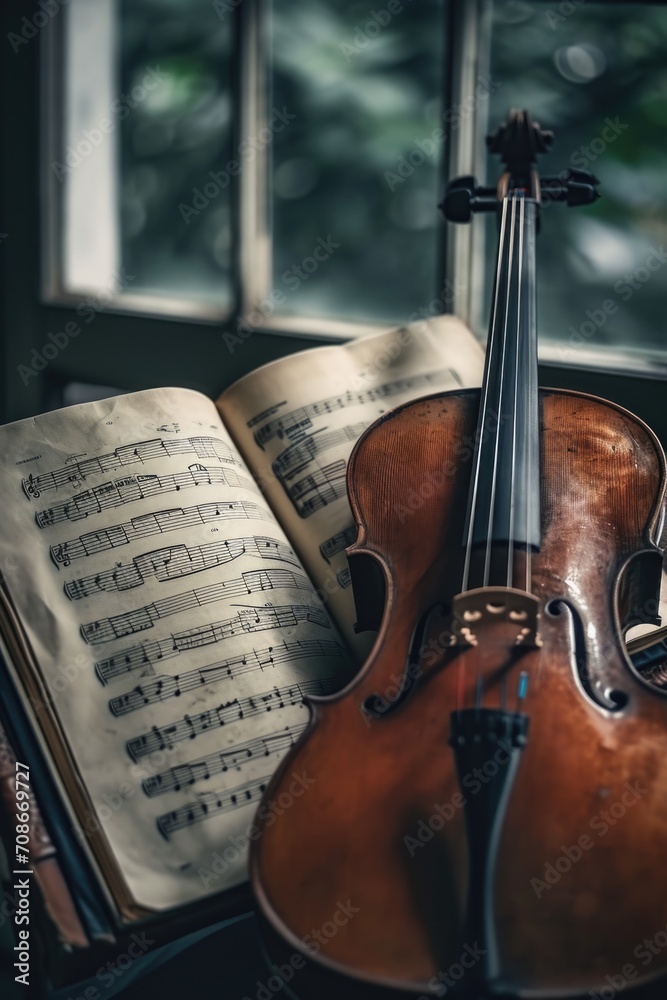 Poster Violin resting on an open book, suitable for music-related projects or educational materials.