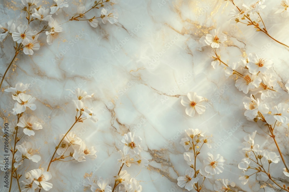 Poster a beautiful arrangement of white flowers on a sleek marble surface. perfect for adding elegance and 
