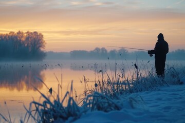 A man is pictured fishing on a frozen lake at sunset. This image can be used to depict a peaceful winter scene or for outdoor recreational themes