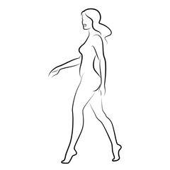 Silhouette of a nice lady, she is standing. The girl has a beautiful naked figure. The woman is a young sexy and slender model. Vector illustration.