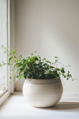 A potted plant sitting on a window sill. Suitable for home decor and gardening concepts