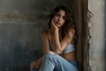 Naklejka premium A beautiful young woman sitting on a ledge. Can be used to depict relaxation, contemplation, or enjoying the view