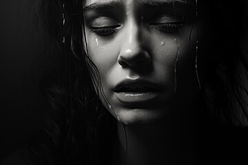 A Woman's black and white Portrait Capturing the Depth of Sadness with Tears 