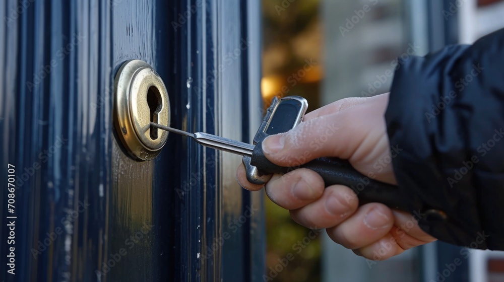 Poster a person is seen holding a key to a door. this image can be used to represent access, security, home