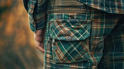 A close up of a person wearing a plaid shirt. Suitable for fashion, casual wear, and lifestyle themes