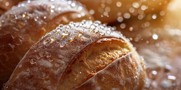 A close-up shot of a loaf of bread placed on a table. This image can be used to showcase freshly baked bread or to depict a rustic meal setting