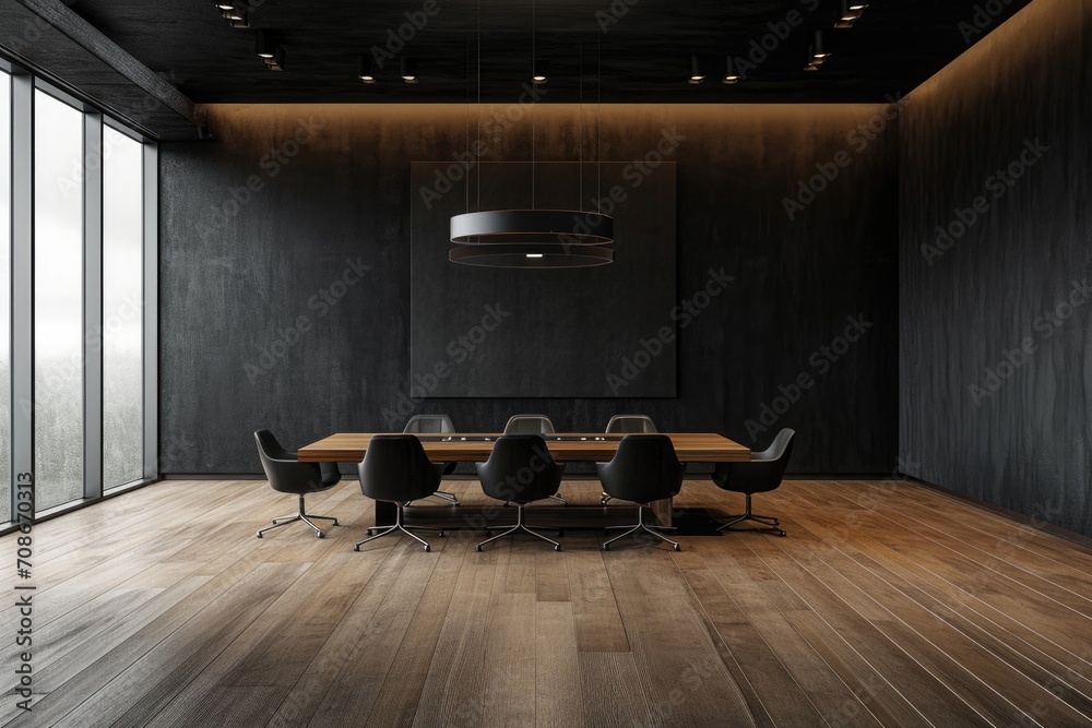 Poster a room with a table and chairs, featuring a large window. perfect for interior design or real estate