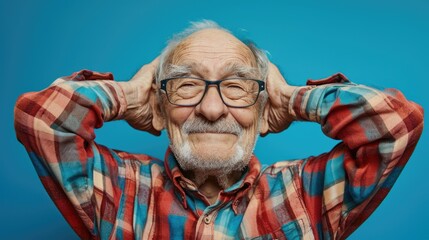 A man wearing glasses and a plaid shirt is seen covering his ears. This image can be used to depict noise pollution, hearing protection, or discomfort from loud sounds