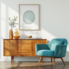 Mid-Century Living Room Interior with Turquoise Chair and Art Poster