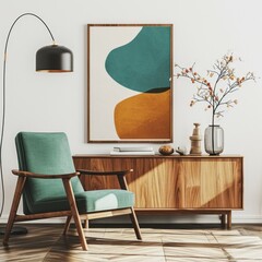 Mid-Century Living Room Interior with Turquoise Chair, Wooden Cabinet, and Art Poster on White Wall