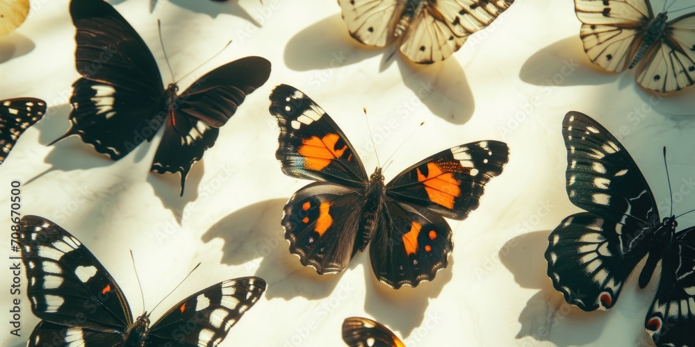 Poster a group of butterflies sitting on top of a white surface. this picture can be used to add a touch of