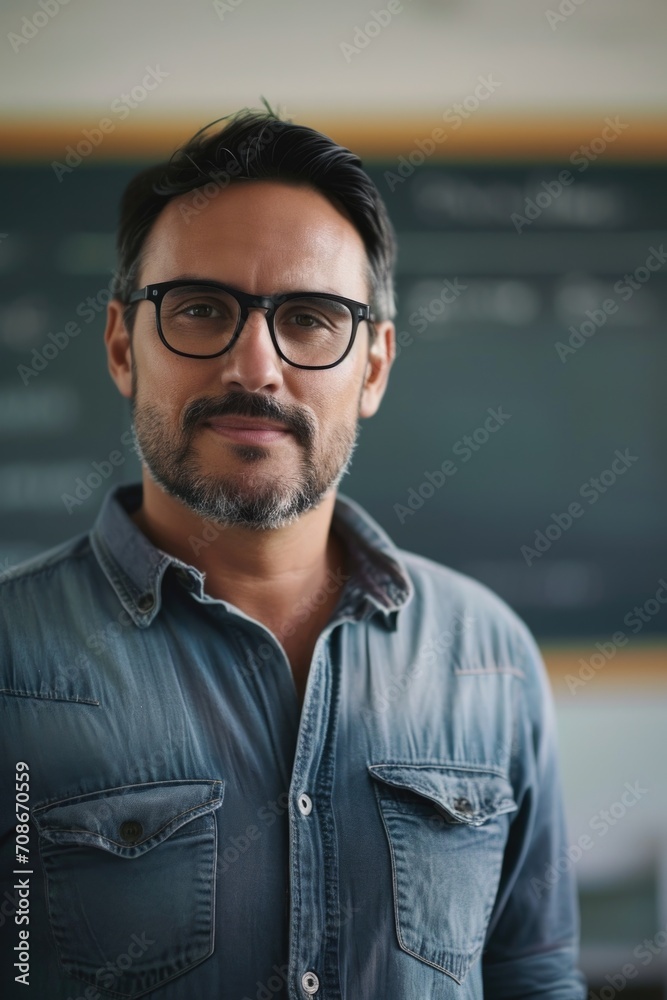 Poster a man with glasses standing in front of a blackboard. suitable for educational or business-related c