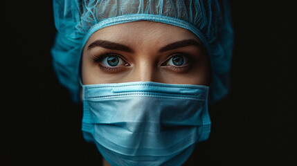A portrait of a young female surgeon in a surgical mask against a black background is a powerful and inspiring image that represents the strength and dedication of women in medicine. ai generated. - Powered by Adobe
