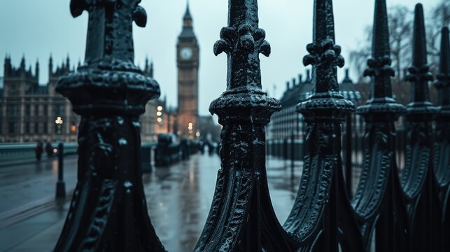 A picture of a black iron fence with a clock tower in the background. This image can be used to depict a historical or architectural setting