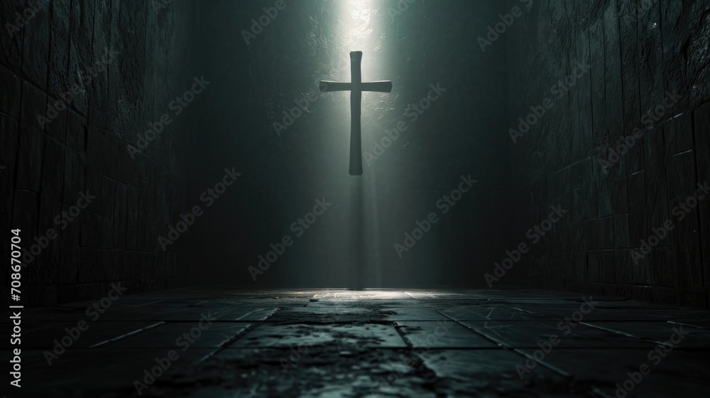 Aufkleber A cross is displayed in the middle of a dark room. This image can be used to represent religious symbolism and spirituality