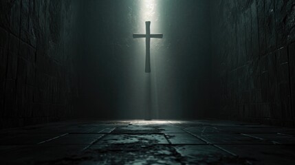 A cross is displayed in the middle of a dark room. This image can be used to represent religious symbolism and spirituality