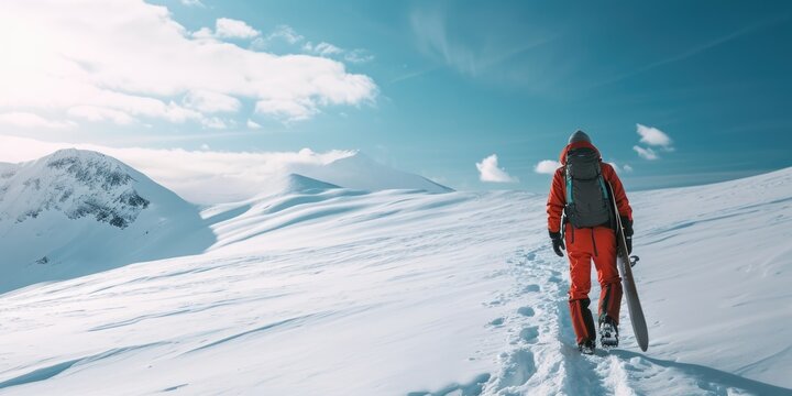 A person is walking up a snowy hill with skis. This image can be used to depict winter sports or outdoor activities in snowy landscapes