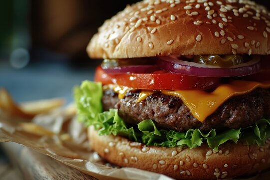 A delicious hamburger with fresh lettuce, ripe tomato, and melted cheese. Perfect for any meal or snack