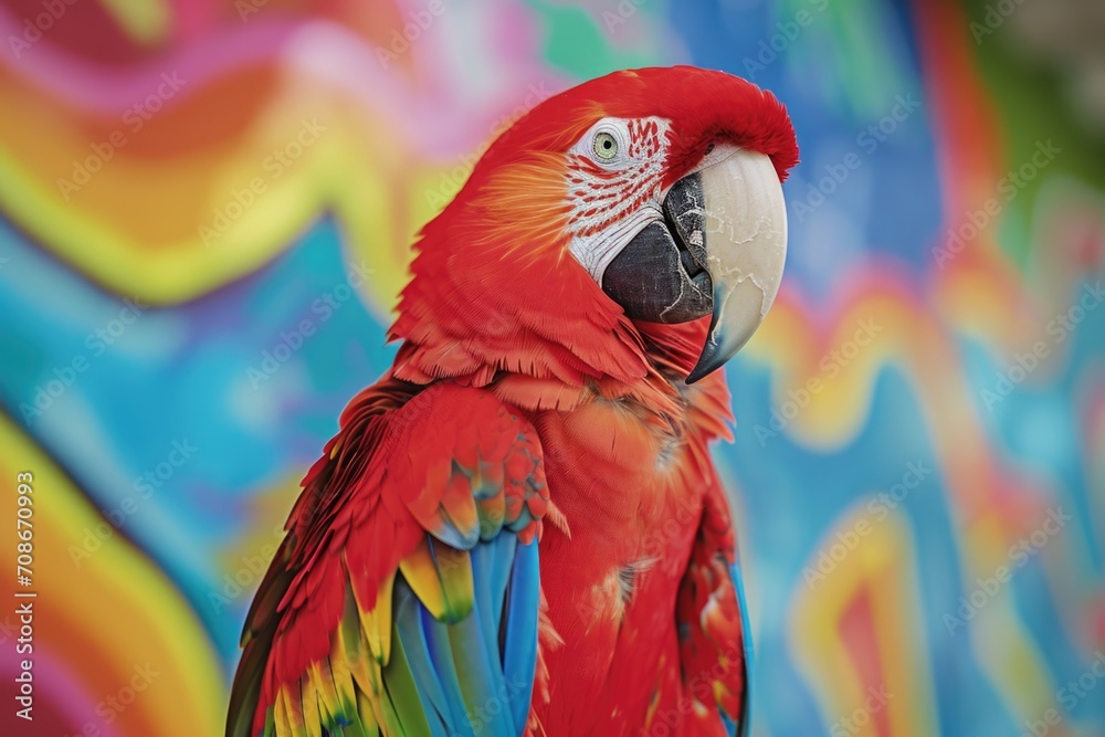 Poster a stunning red and yellow parrot sits gracefully on top of a vibrant, multicolored wall. this eye-ca