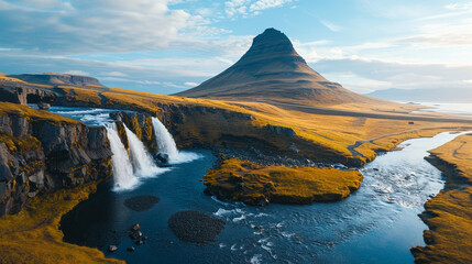 A bird's-eye view of Kirkjufell mountain, waterfall, and river in Iceland is a breathtaking sight that captures the natural beauty of the country. ai generated.