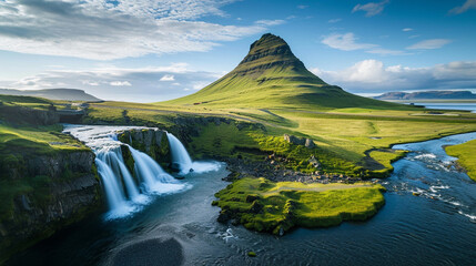 A bird's-eye view of Kirkjufell mountain, waterfall, and river in Iceland is a breathtaking sight that captures the natural beauty of the country. ai generated.