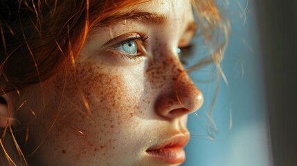 A close up view of a woman's face with freckles. This image can be used to depict natural beauty or for skincare and beauty-related content