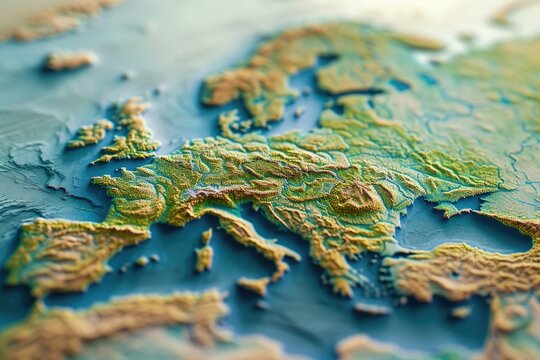 A detailed close-up view of a map of Europe. This image can be used for educational purposes or to illustrate European travel destinations