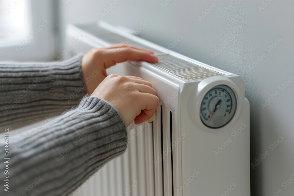 Poster a person adjusting the temperature on a white radiator. suitable for home improvement and energy eff