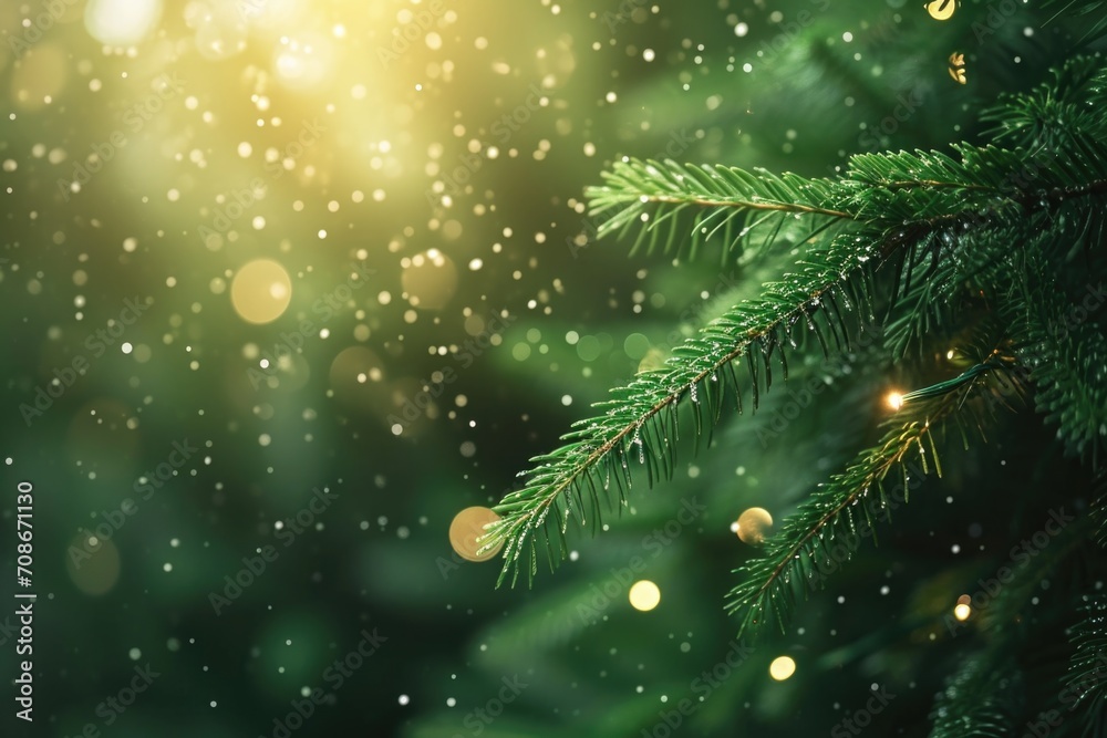 Poster a pine tree branch covered in a thick layer of snow. this image can be used to depict winter landsca