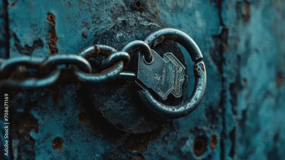 Poster A close up view of a lock on a door. This image can be used to represent security, home protection, or access control